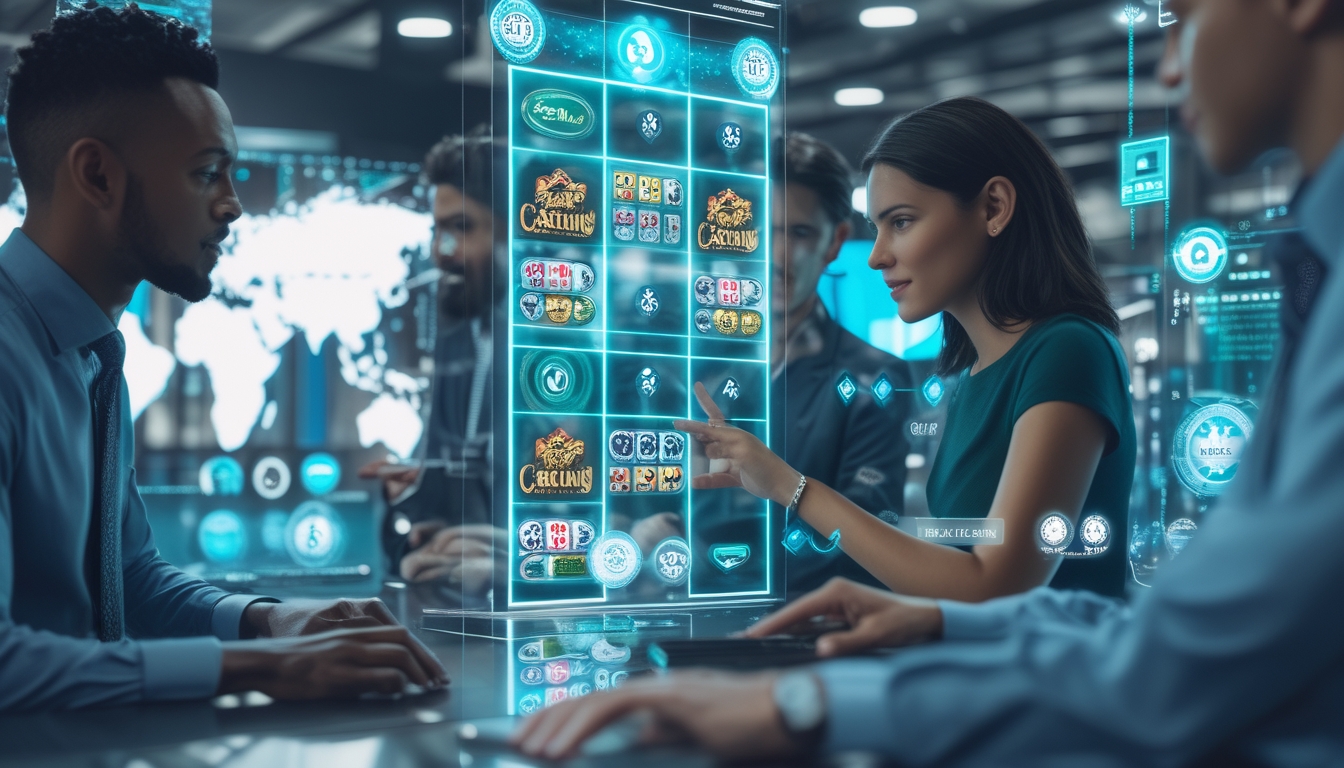 Orang-orang menggunakan antarmuka digital modern dengan latar kantor yang profesional dan elemen internasional, menunjukkan platform judi online resmi dan terpercaya.