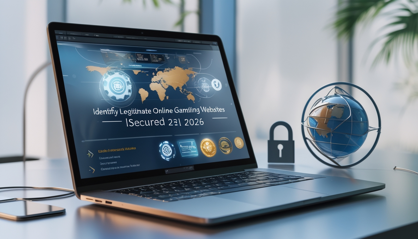Seorang profesional sedang menggunakan laptop di meja kerja dengan simbol keamanan dan lisensi internasional di sekitar, menggambarkan situs judi online resmi.