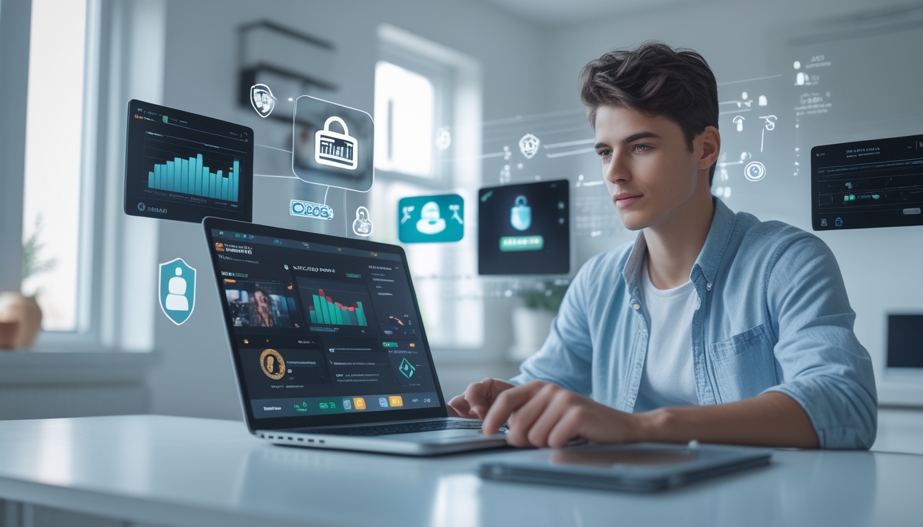 Seseorang menggunakan laptop di ruang kerja rumah yang terang dengan layar menampilkan grafik dan ikon keamanan yang menunjukkan lingkungan judi online yang aman dan terpercaya.