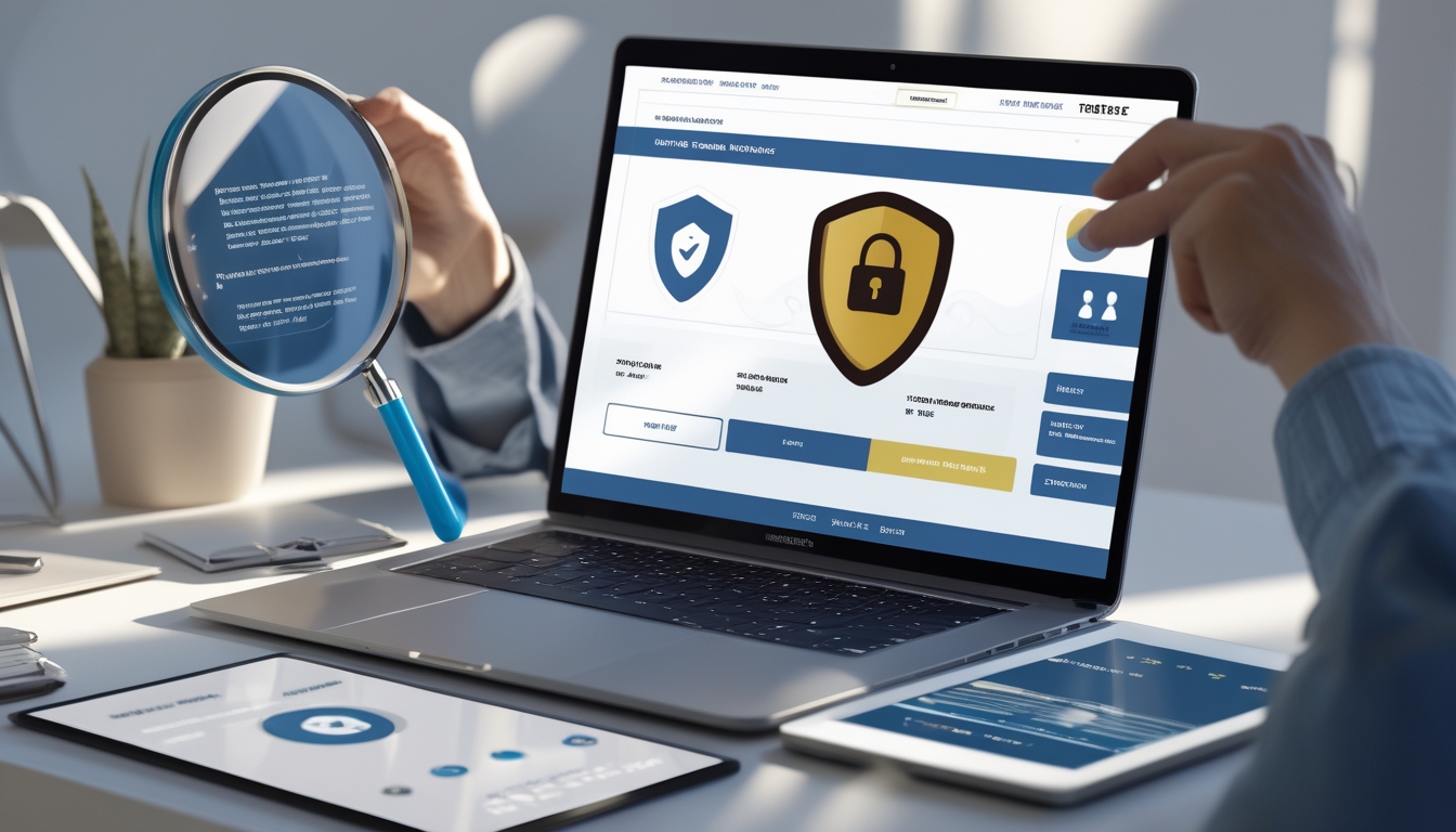 Seorang profesional sedang menggunakan laptop dengan tampilan platform judi online yang aman, dikelilingi oleh simbol keamanan dan alat analisis.