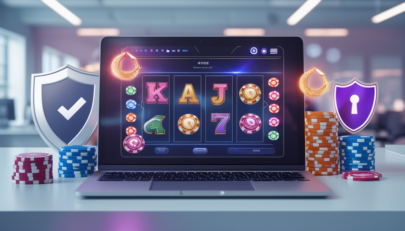 Sebuah komputer menampilkan antarmuka platform judi online yang aman dengan simbol keamanan dan tumpukan chip kasino di meja kantor modern.