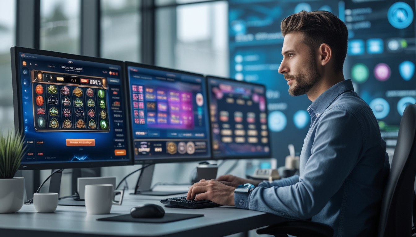 Seorang pemain profesional duduk di meja dengan beberapa monitor menampilkan permainan judi online, tampak fokus dan lingkungan yang rapi serta modern.