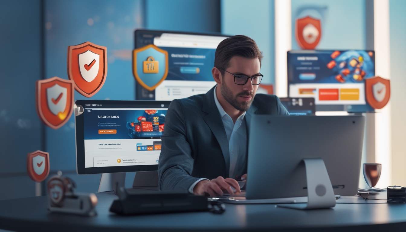 Seorang pemain judi profesional duduk di meja modern dengan beberapa perangkat digital menampilkan situs judi online dan ikon keamanan, di dalam ruangan kantor futuristik.