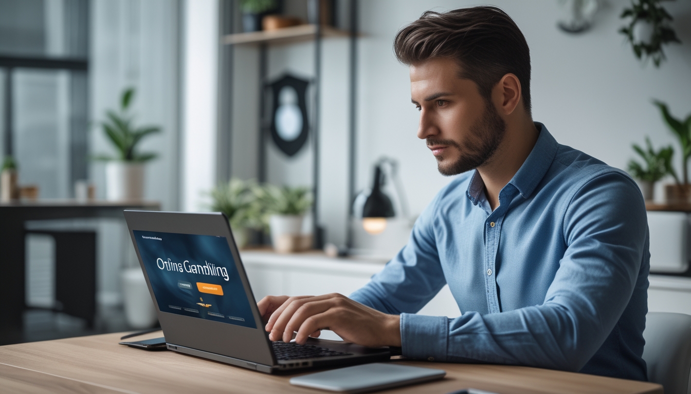 Seseorang menggunakan laptop di ruang kerja rumah yang rapi dengan suasana tenang dan elemen yang menunjukkan keamanan online.
