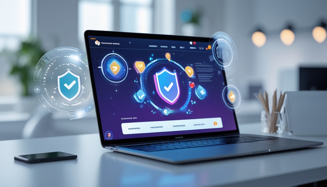 Seorang profesional menggunakan laptop di meja dengan tampilan situs judi online terpercaya dan elemen digital yang melambangkan keamanan dan reputasi.