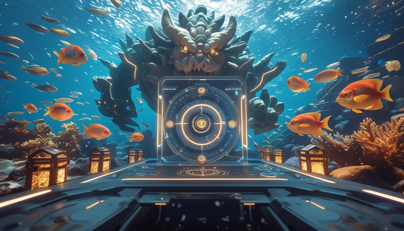Adegan bawah air dengan ikan berwarna-warni dan monster laut besar, dilengkapi dengan antarmuka digital yang menunjukkan sasaran tembak dan harta karun bercahaya.