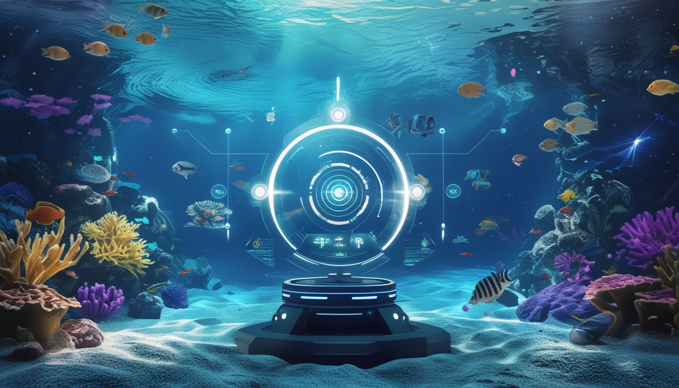 Pemandangan bawah laut yang penuh warna dengan terumbu karang dan ikan tropis, menampilkan elemen permainan menembak ikan dengan monster laut.