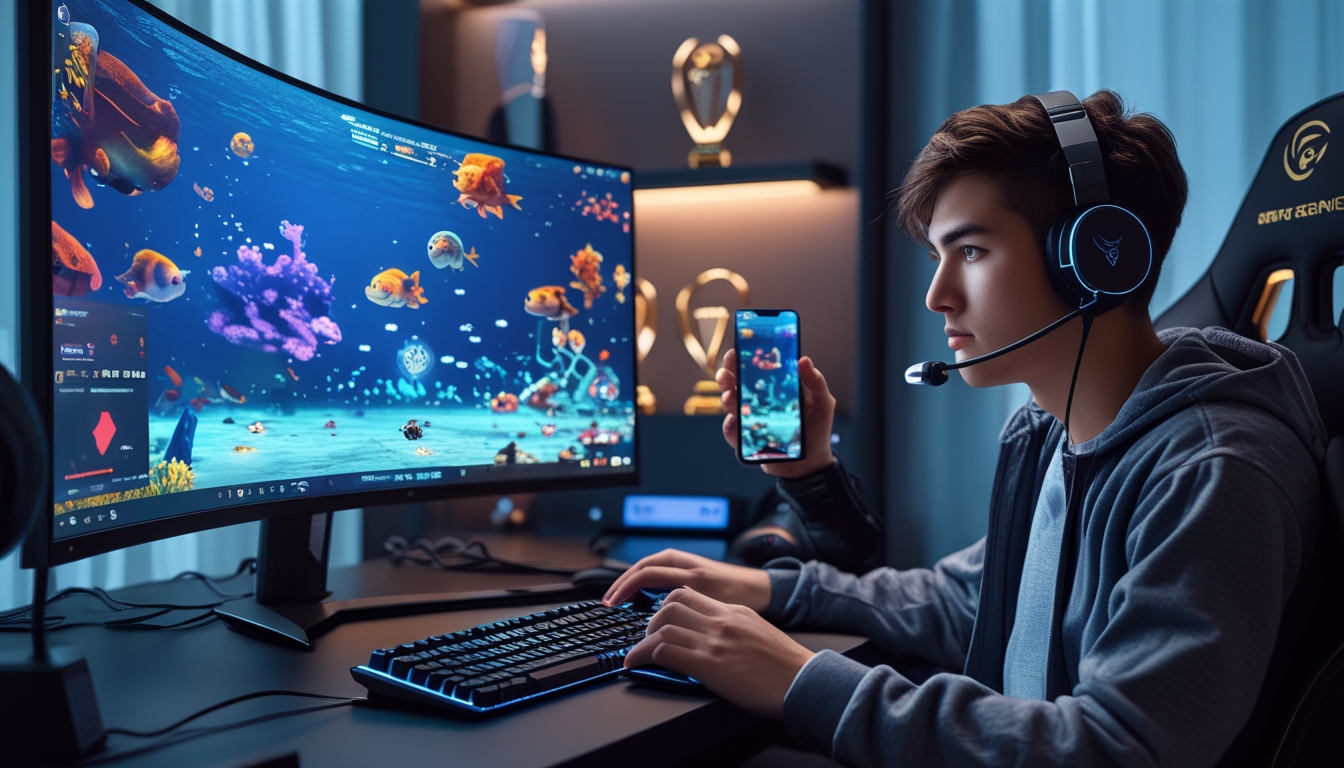 Seorang pemain muda sedang fokus bermain game tembak ikan di komputer dengan latar belakang ruangan gaming modern.