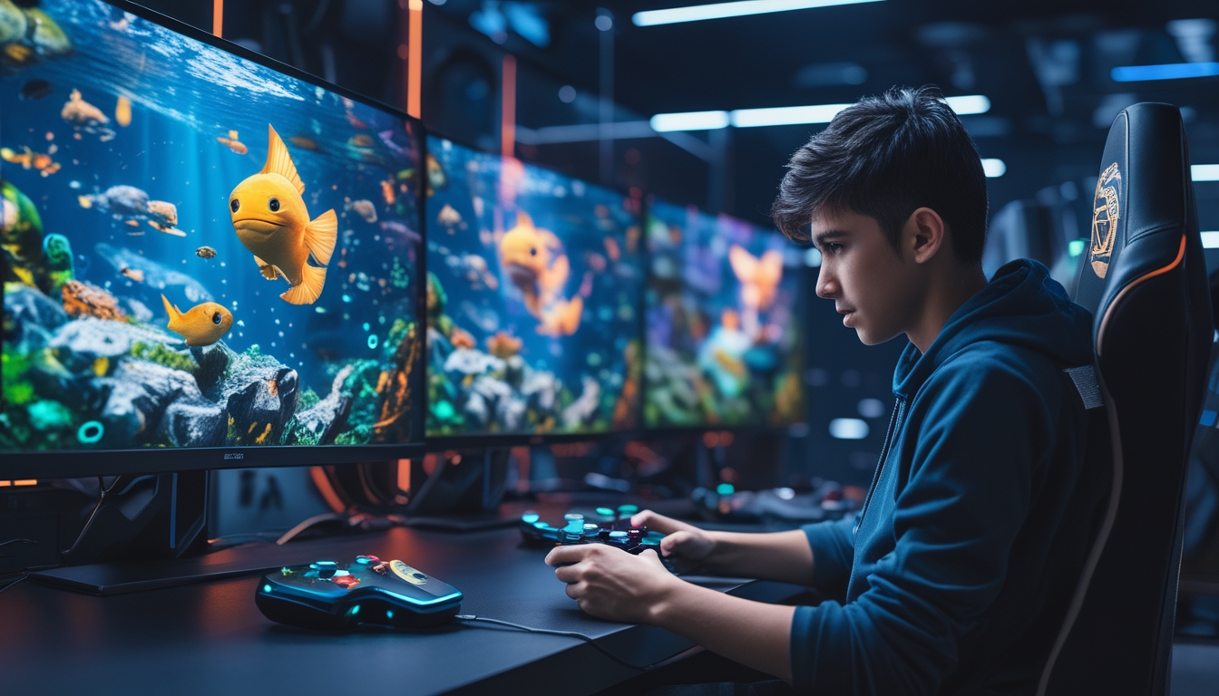 Seorang pria muda sedang fokus bermain game menembak ikan dengan layar menampilkan ikan berwarna-warni dan monster besar di latar belakang.