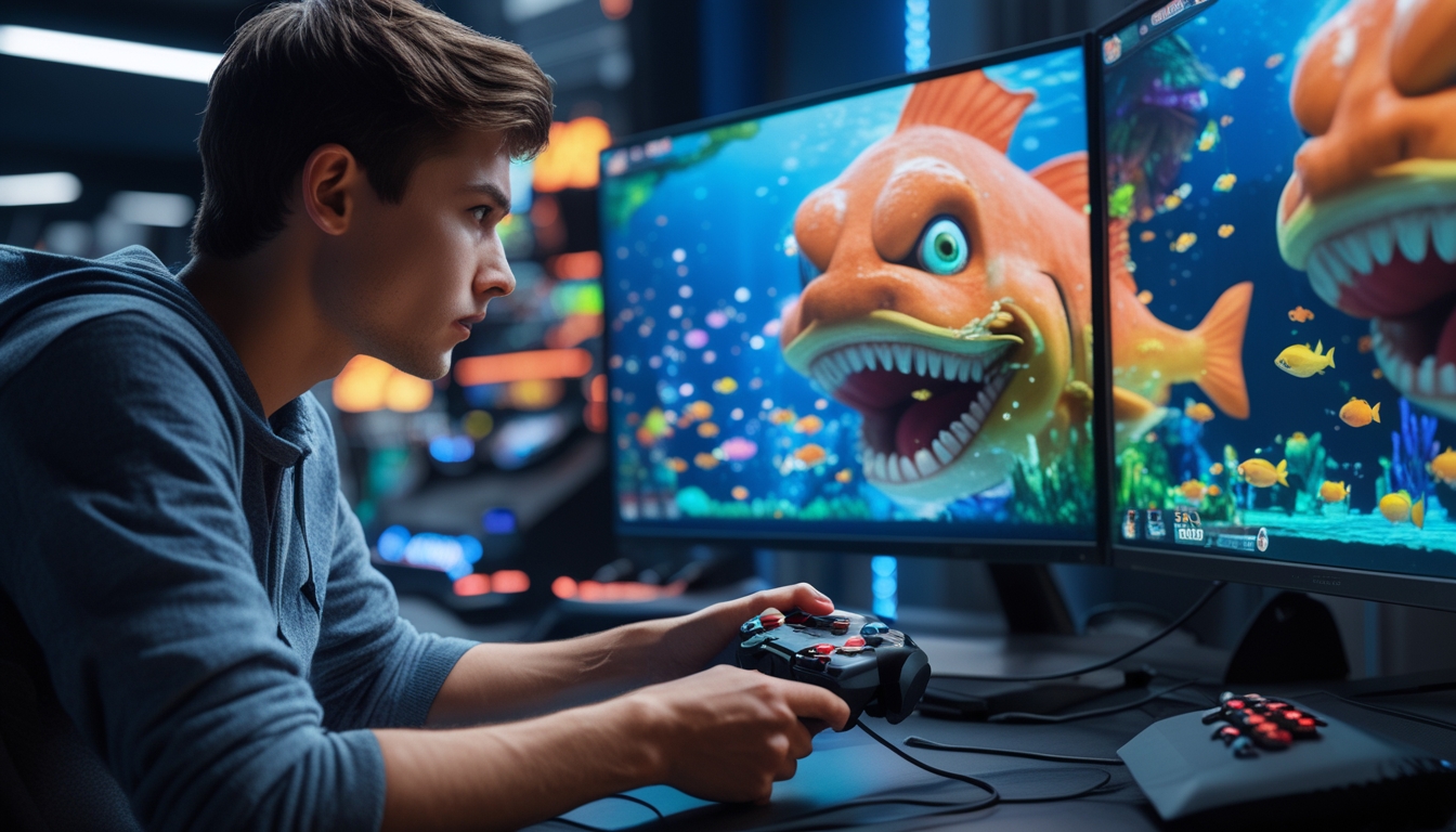 Seorang pemain fokus bermain game tembak ikan dengan layar menampilkan ikan warna-warni dan monster besar di latar belakang.
