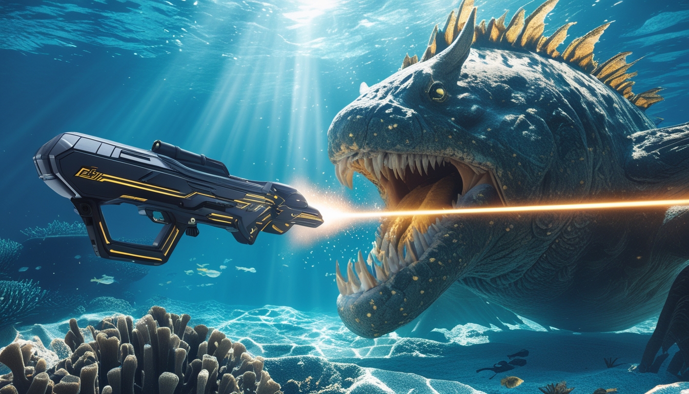 Adegan bawah laut dengan senjata canggih menembak ikan monster besar di terumbu karang.