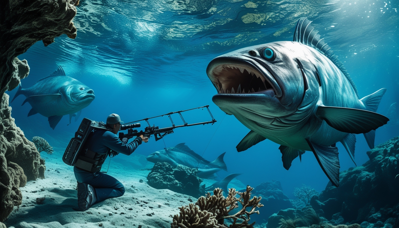 Seorang penyelam dengan peralatan memancing canggih sedang menghadapi ikan monster besar di bawah laut yang jernih.