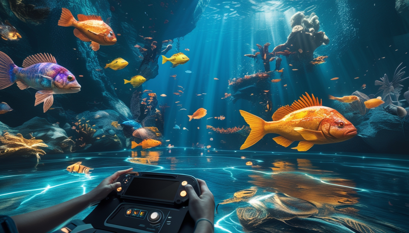 Pemandangan bawah laut dengan ikan berwarna-warni dan monster laut besar, serta tangan pemain yang mengoperasikan konsol permainan modern.