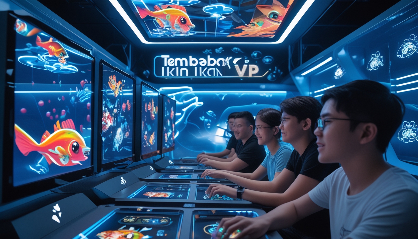 Seorang pemain serius sedang bermain permainan tembak ikan di layar berwarna dengan latar belakang dekorasi bawah laut dan suasana arcade modern.
