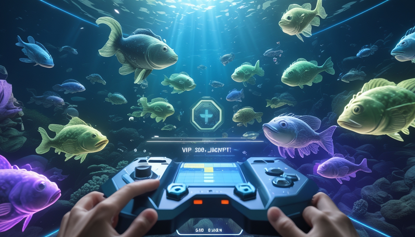 Adegan bawah laut dengan berbagai ikan monster berwarna-warni dan antarmuka permainan digital yang menunjukkan mode VIP sedang dimaksimalkan untuk jackpot.