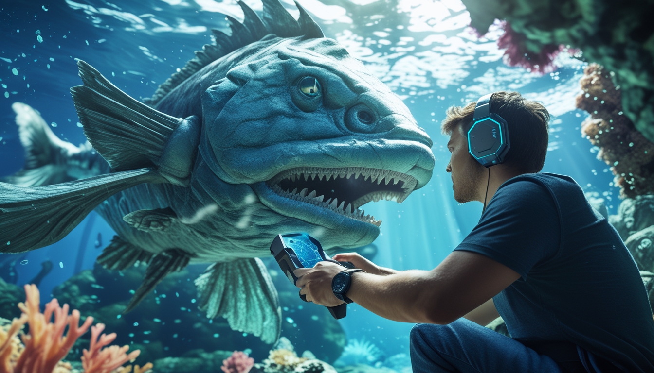 Seorang pemain game sedang mengendalikan perangkat gaming di depan monster laut besar di bawah air.