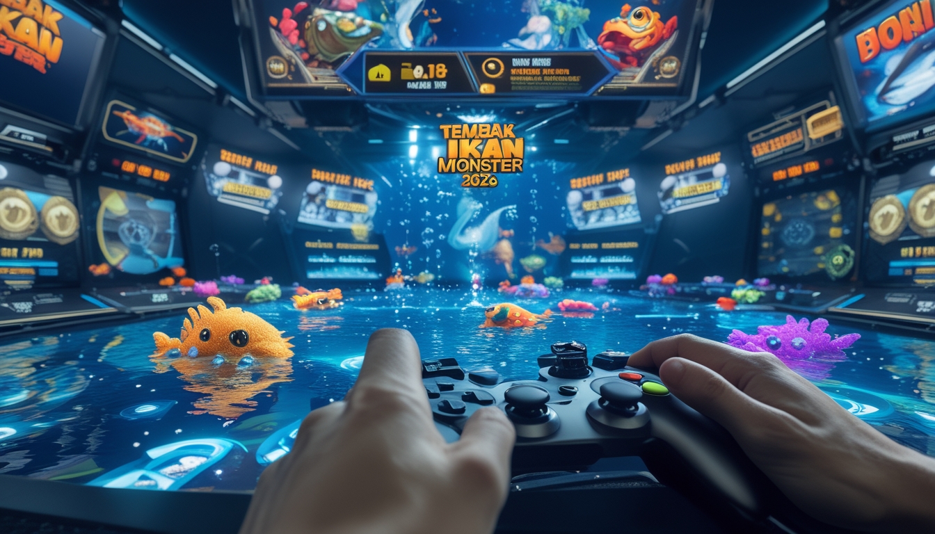 Seorang pemain sedang menggunakan kontroler untuk bermain game tembak ikan dengan monster dan ikan berwarna-warni di layar komputer.