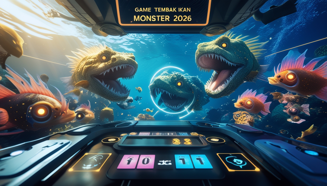 Pemandangan bawah laut berwarna-warni dengan ikan monster dan antarmuka permainan futuristik yang menunjukkan fitur VIP dan bonus.
