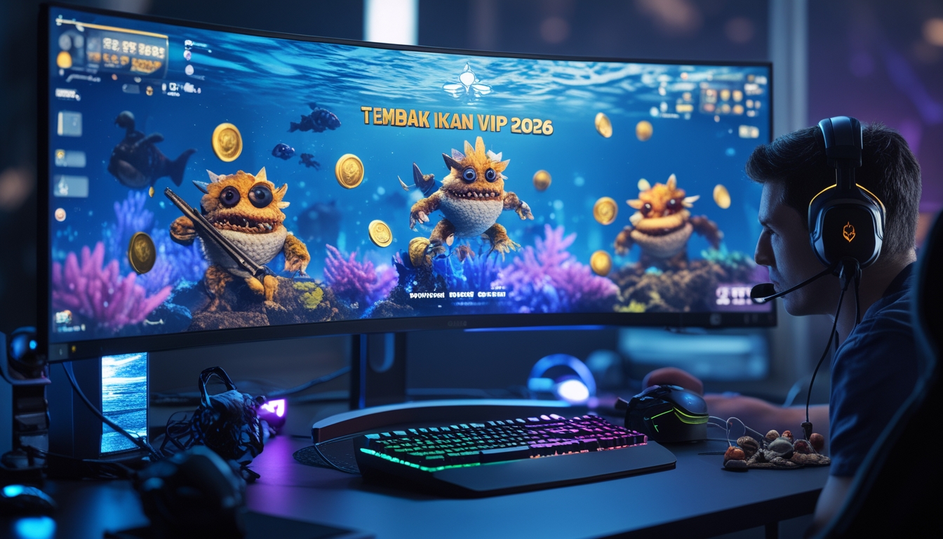 Seorang gamer sedang bermain game menembak ikan dengan monitor besar yang menampilkan monster bawah laut dan koin, dikelilingi oleh peralatan gaming di meja.