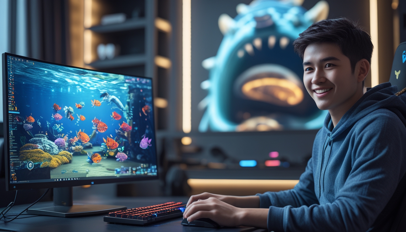 Seorang pemain muda sedang bermain game memancing monster di komputer dengan layar besar yang menampilkan ikan berwarna-warni dan monster laut besar.