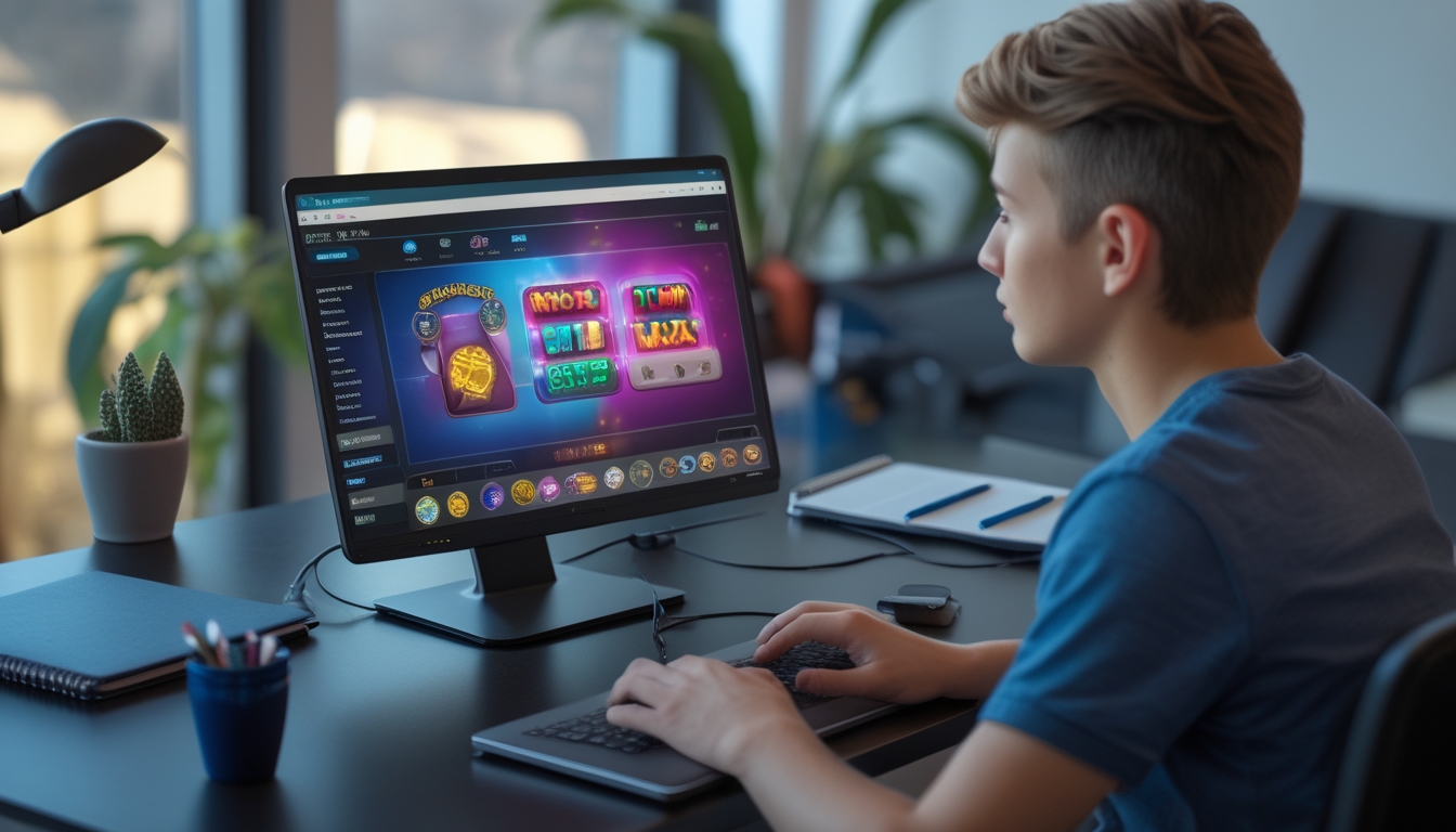 Seorang dewasa muda duduk di depan laptop yang menampilkan permainan slot online, terlihat fokus dan tenang di lingkungan rumah yang nyaman.