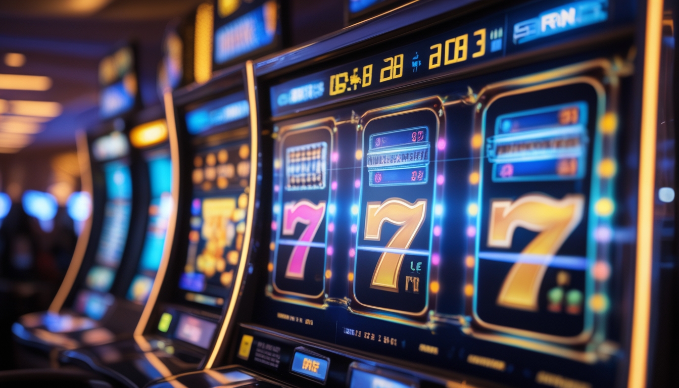 Mesin slot digital modern dengan gulungan berwarna-warni yang berputar di dalam lingkungan kasino yang canggih.