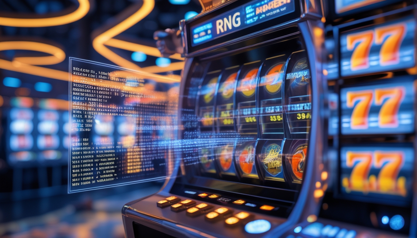 Mesin slot digital modern dengan gulungan warna-warni yang berputar dan tampilan data angka acak di latar depan di dalam lingkungan kasino futuristik.