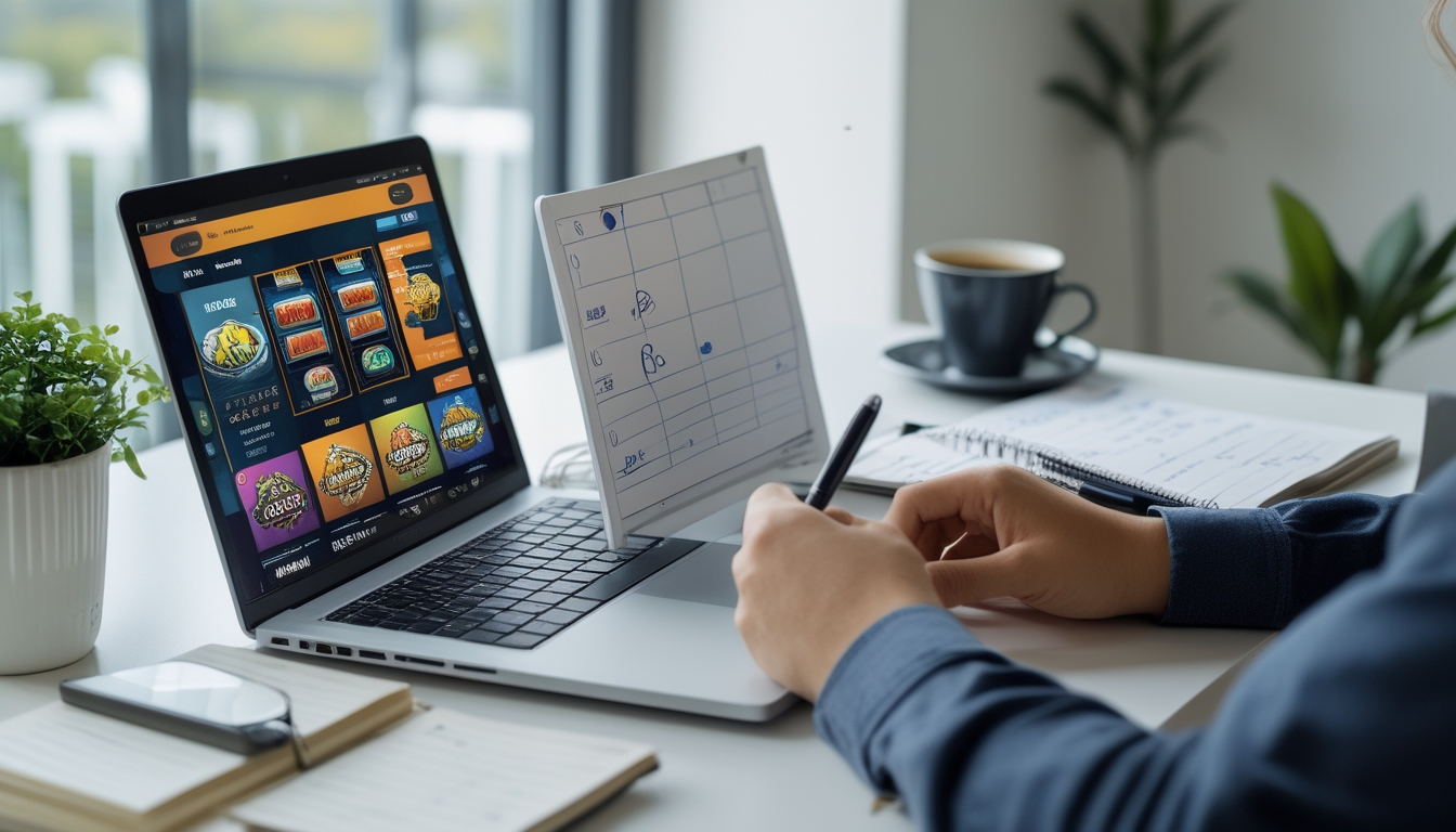 Seseorang duduk di meja dengan laptop yang menampilkan permainan slot online, sambil mencatat anggaran di buku catatan dan menggunakan ponsel untuk mengatur keuangan.