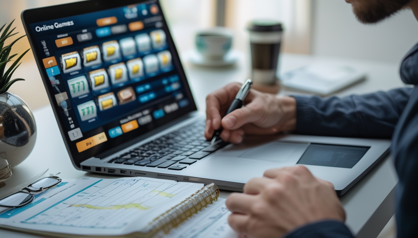 Seseorang sedang mengatur anggaran sambil bermain slot online di laptop dengan buku catatan dan smartphone di meja.