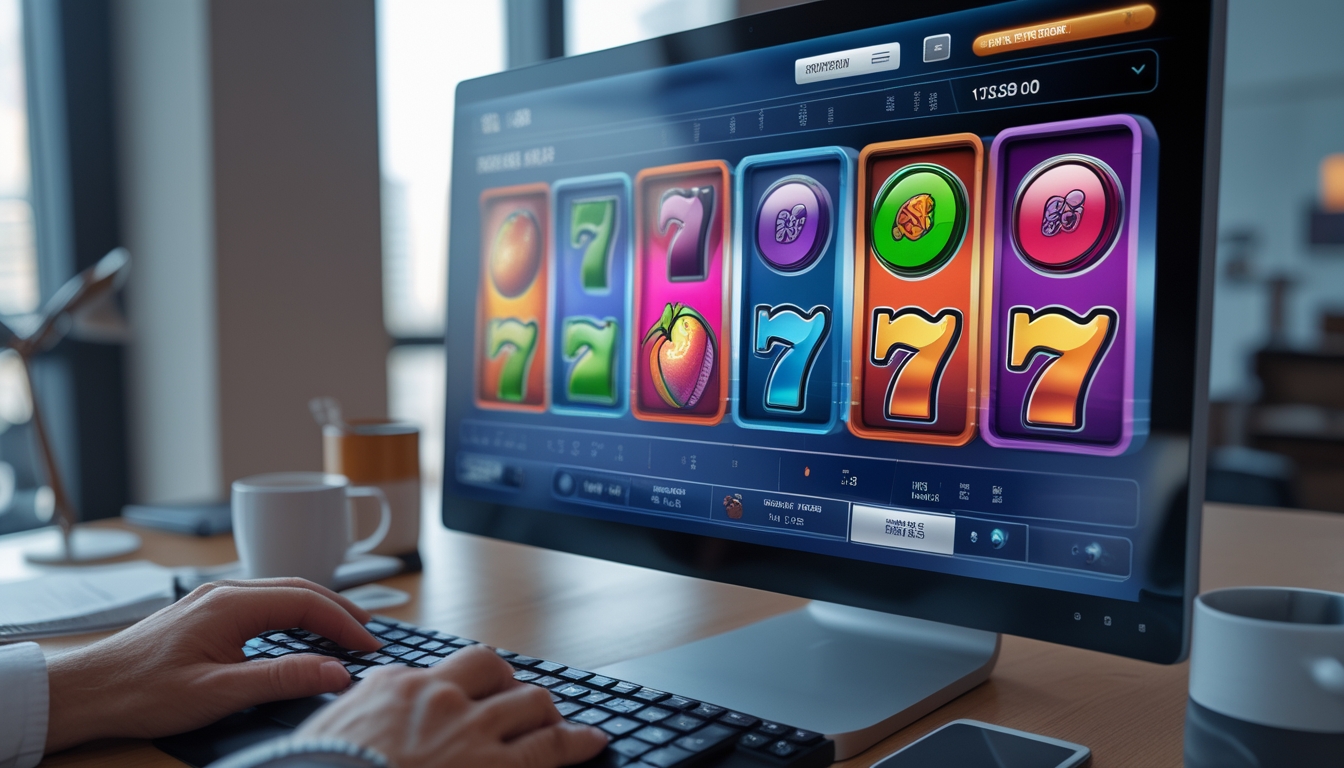 Seseorang sedang menggunakan komputer dengan tampilan mesin slot online berwarna-warni di layar di sebuah ruang kerja modern.