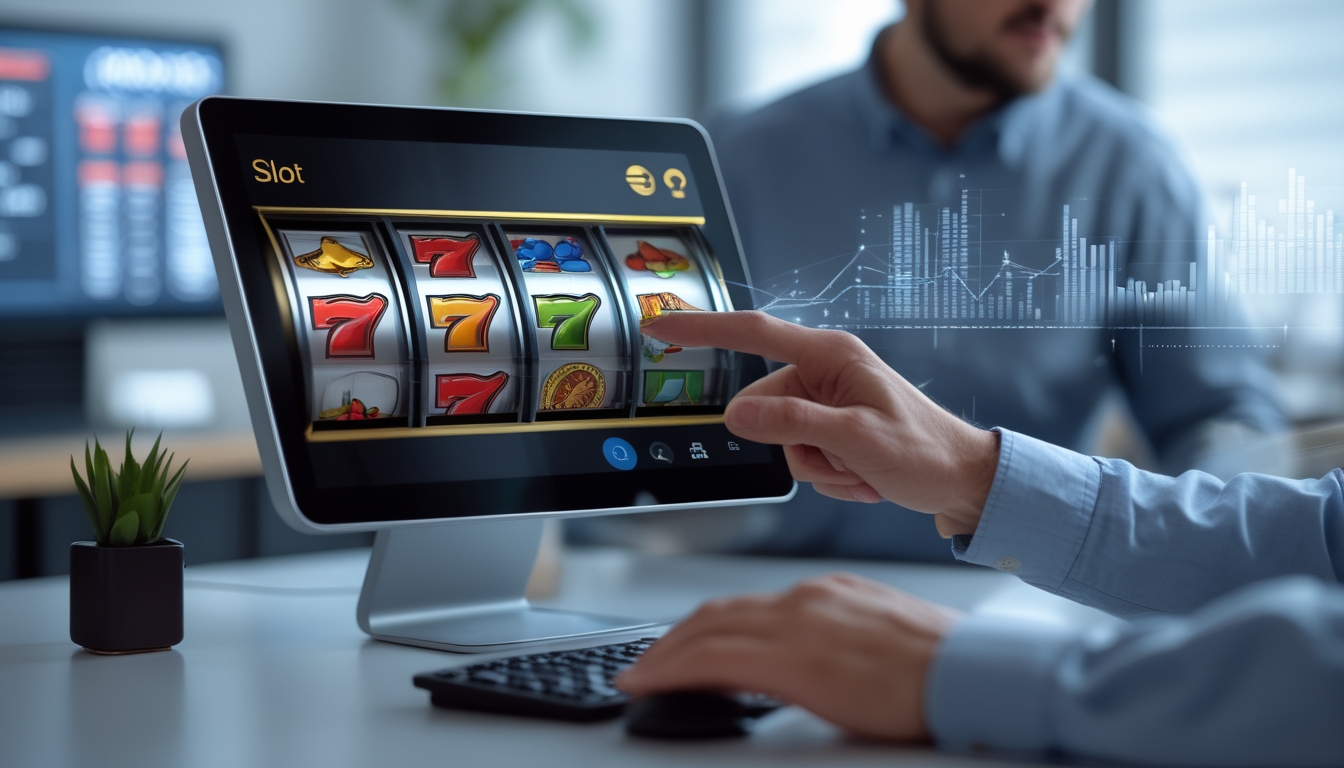 Seseorang sedang menggunakan perangkat digital yang menampilkan mesin slot online dengan gulungan berwarna-warni di layar.