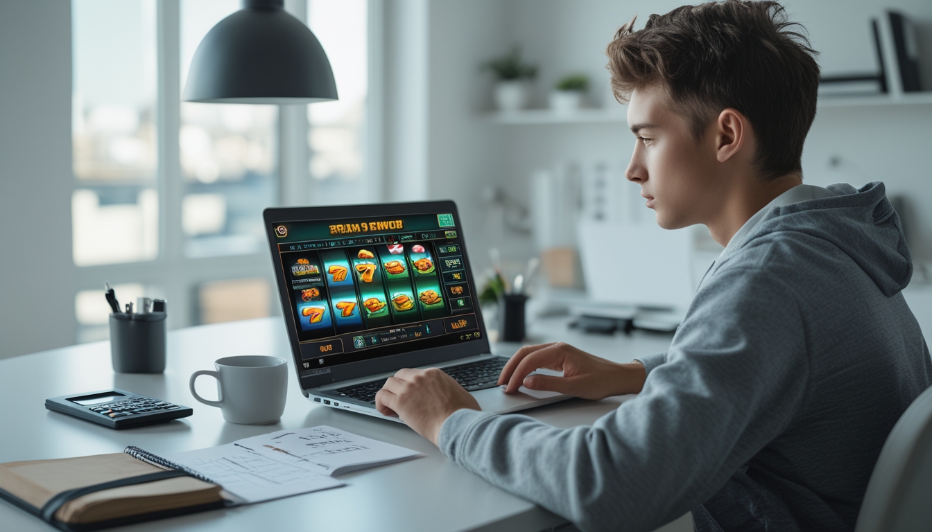 Seorang dewasa muda duduk di meja dengan laptop, fokus bermain game slot online dengan alat tulis dan kalkulator di dekatnya.