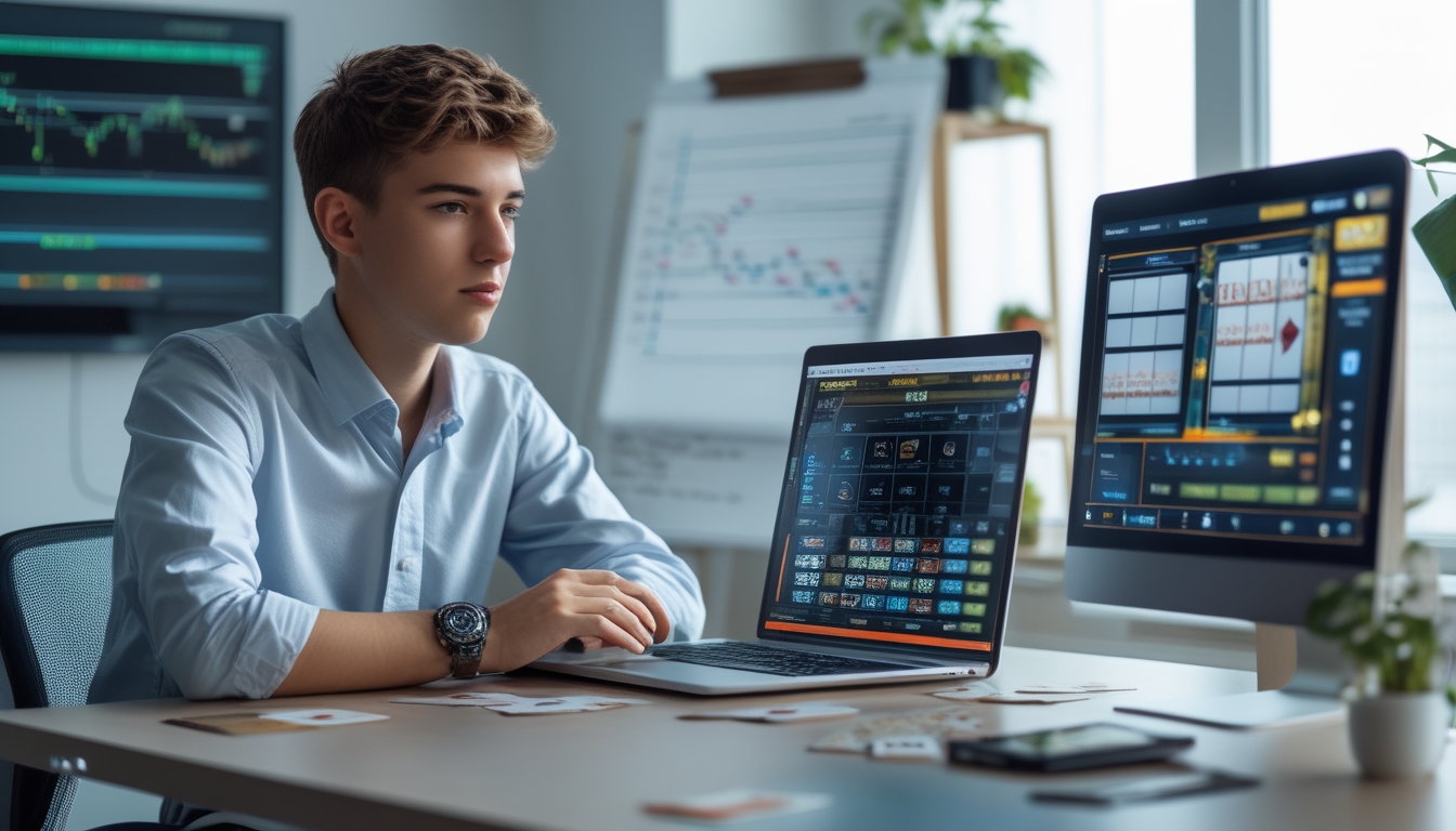Seorang dewasa muda duduk di meja dengan laptop yang menampilkan permainan slot online, dikelilingi oleh grafik dan chip poker, tampak fokus dan menganalisis strategi.