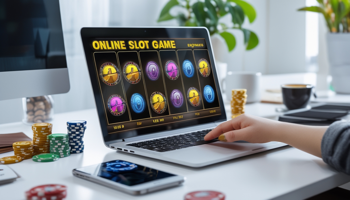 Meja kerja dengan laptop yang menampilkan permainan slot online, dikelilingi chip poker dan kartu remi, dengan ponsel dan tanaman kecil di latar belakang.