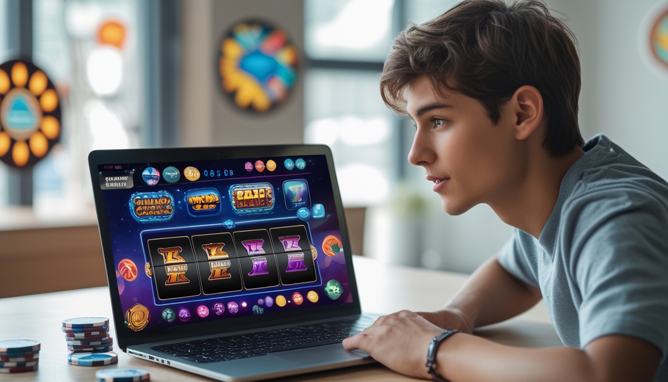 Seorang pemuda sedang menggunakan laptop dengan tampilan permainan slot online di layar dalam ruangan yang terang dan rapi.