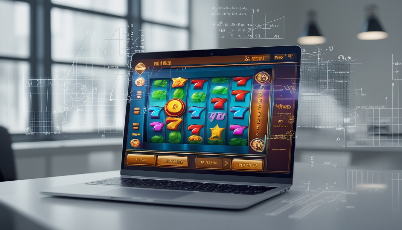 Sebuah komputer menampilkan permainan slot online dengan simbol berwarna cerah dan grafik ilmiah transparan di latar belakang di sebuah ruang kerja yang rapi.