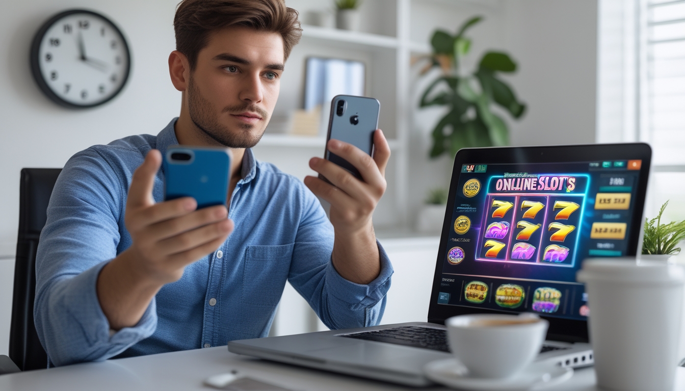 Seorang pria muda duduk di meja kerja di rumah, menahan diri dari bermain game slot online di laptop sambil memegang ponsel.