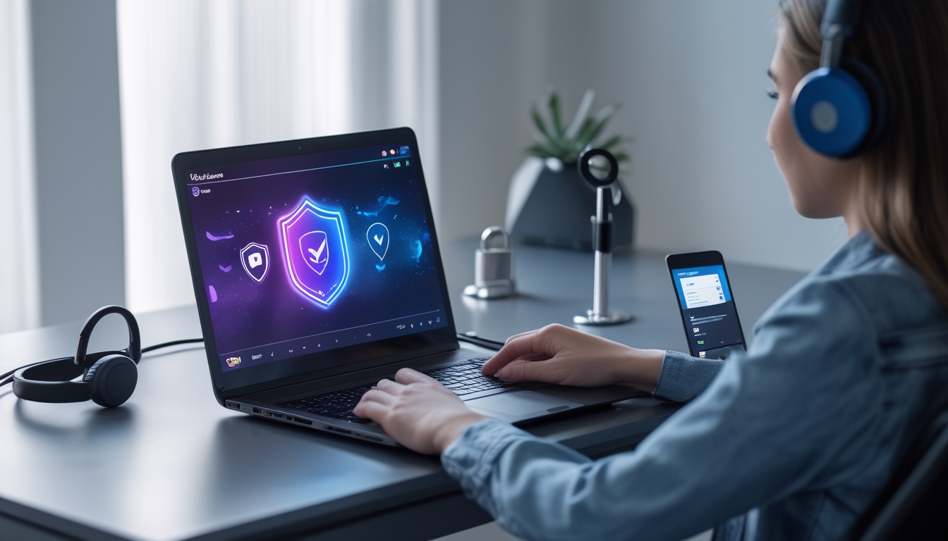 Seseorang duduk di meja kerja dengan laptop yang menampilkan antarmuka game dan ikon keamanan, dikelilingi oleh elemen keamanan digital seperti gembok dan ponsel dengan layar login aman.