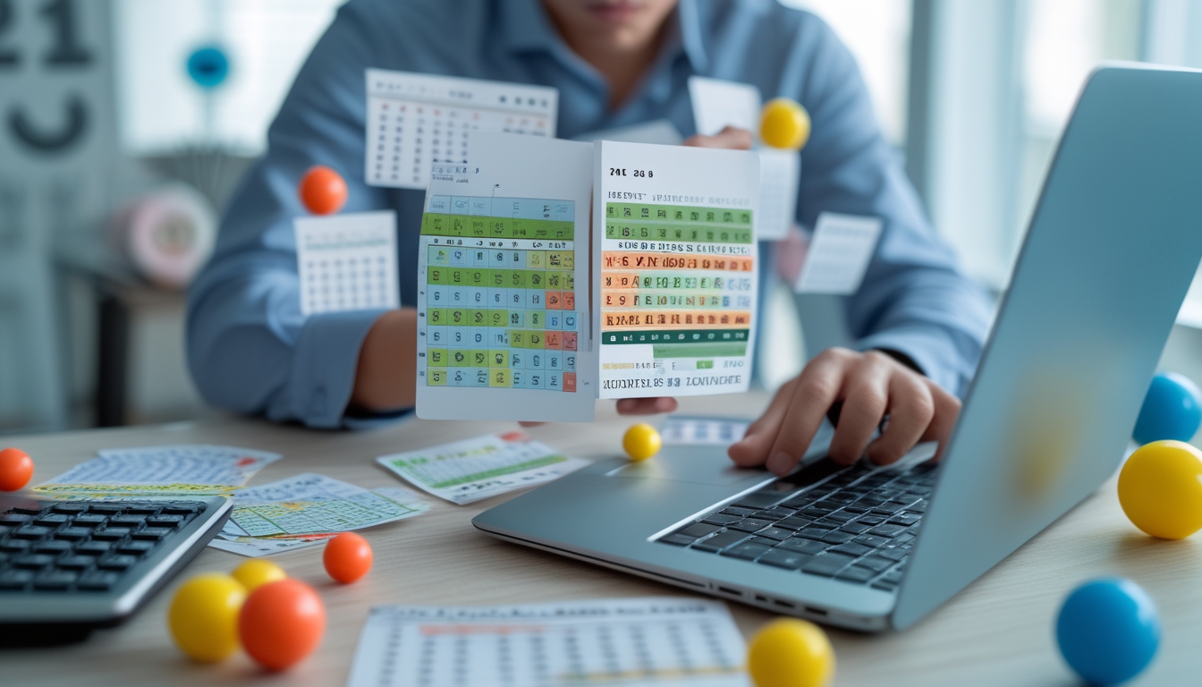 Seseorang sedang menganalisis tiket lotere dan grafik statistik di meja kerja dengan bola lotere dan kalkulator di sekitarnya.