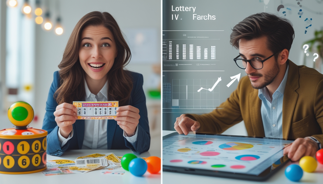 Dua orang, satu memegang tiket lotere dengan ekspresi penuh harapan, yang lain menganalisis data di tablet dalam ruangan kantor modern.