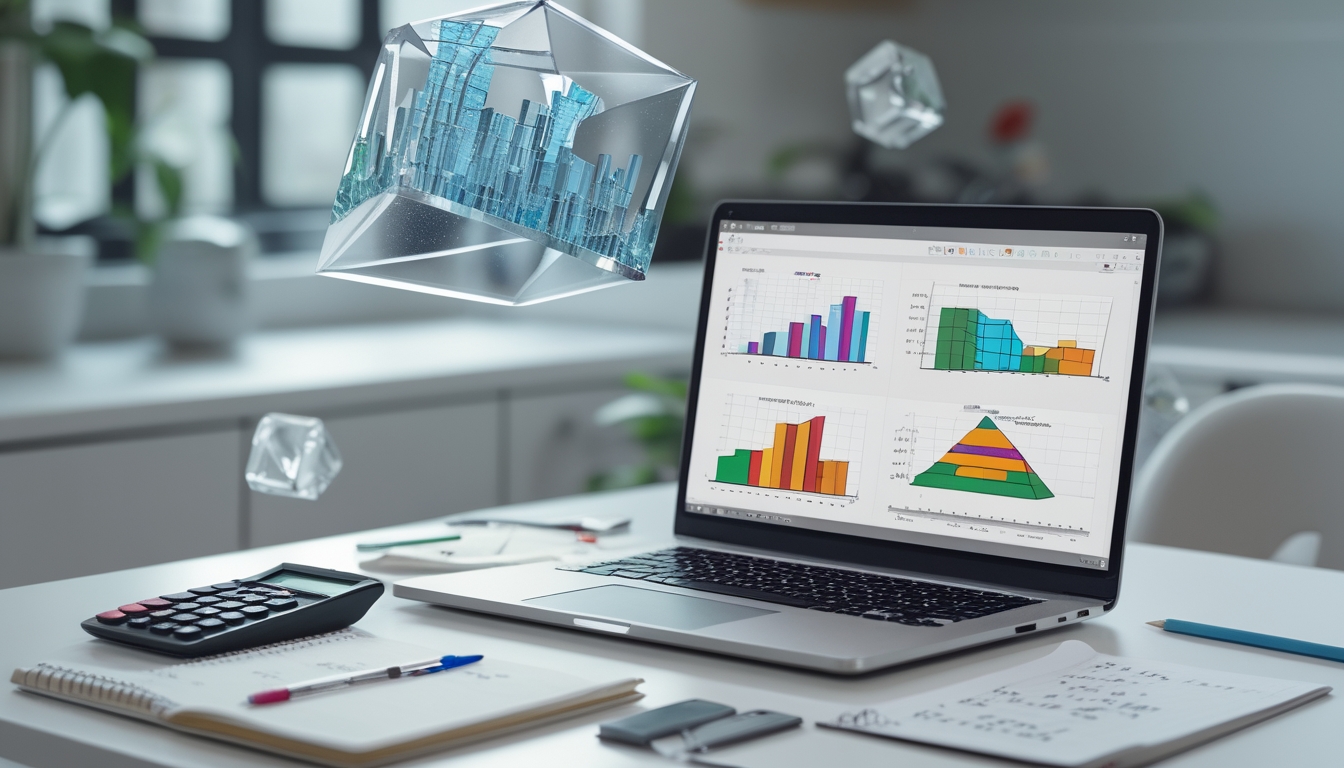 Meja kerja dengan laptop yang menampilkan grafik 2D dan 3D tentang probabilitas, dilengkapi alat tulis dan bentuk geometris 3D melayang di atas meja.