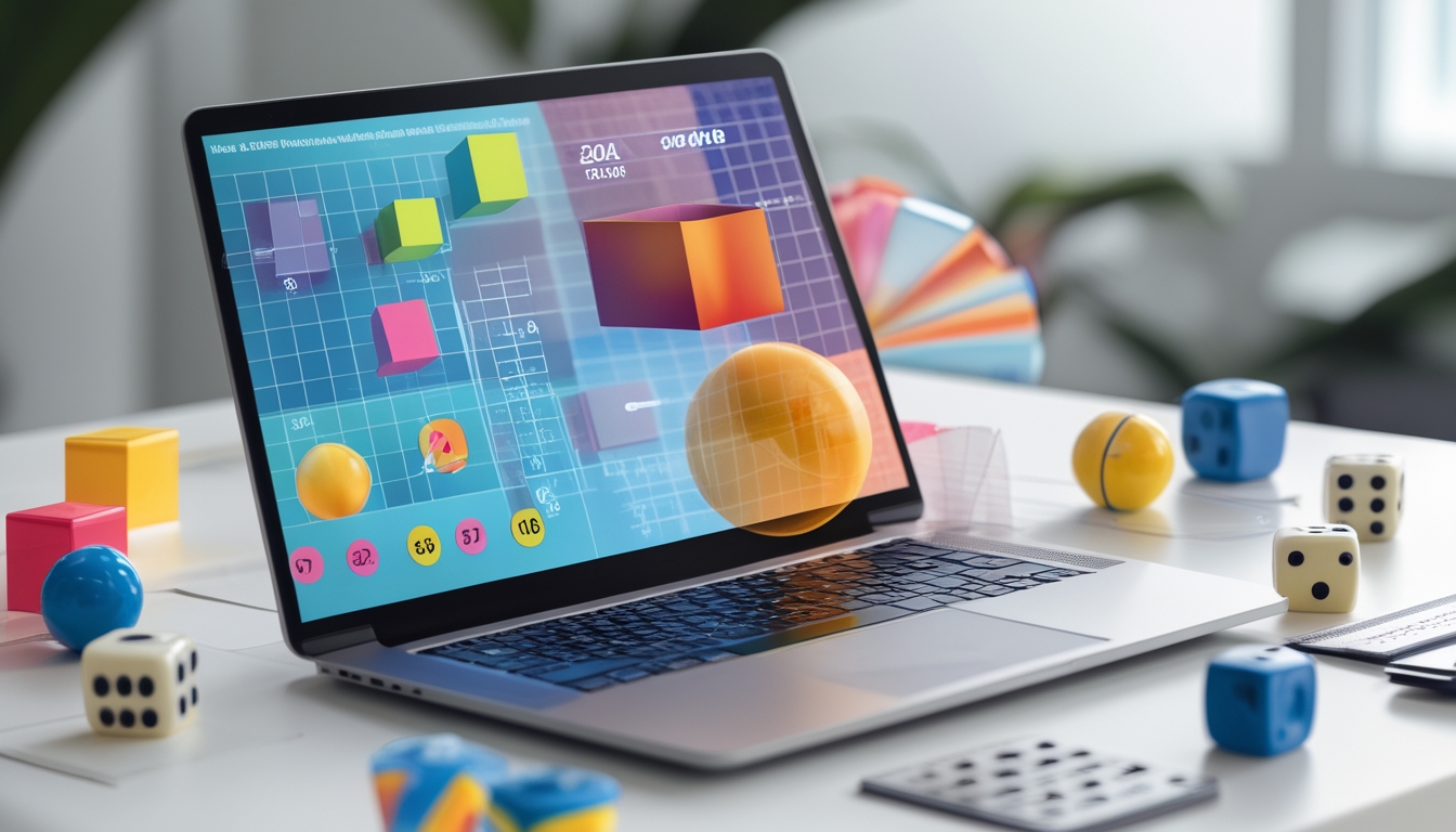 Meja kerja dengan laptop yang menampilkan bentuk geometris 2D dan 3D serta alat matematika dan bola bernomor di sekitarnya.