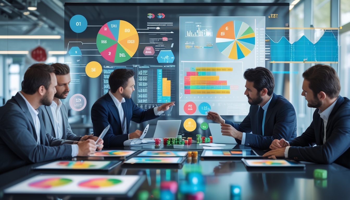 Sekelompok profesional sedang berdiskusi dan menganalisis data risiko dalam permainan berbasis angka di ruang kantor modern.