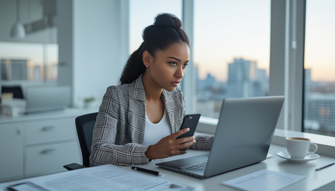 Seorang wanita muda duduk di meja kantor dengan laptop dan ponsel, terlihat fokus dan waspada.