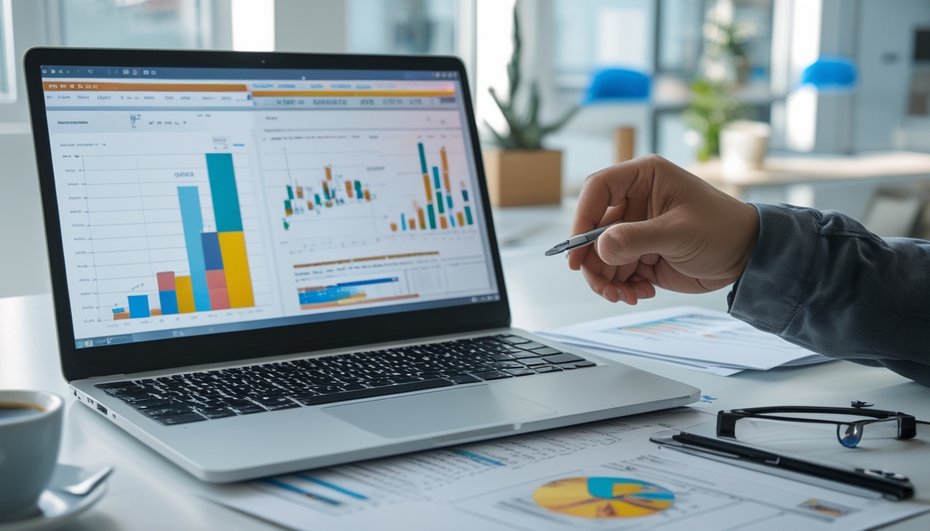 Meja kerja dengan laptop yang menampilkan grafik dan data statistik, tangan seseorang menunjuk ke dokumen berisi tabel dan grafik di atas meja.