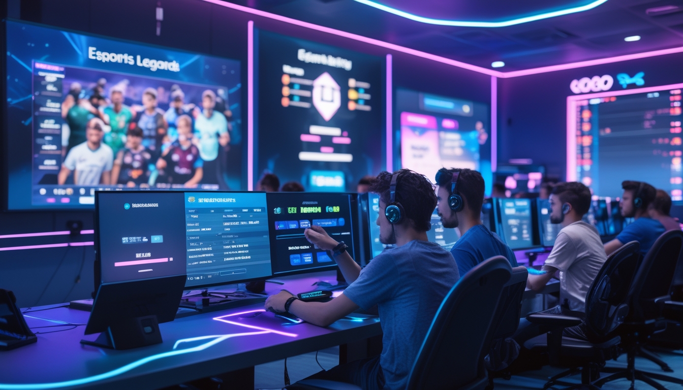 Sejumlah orang muda sedang menggunakan panel sentuh digital di sebuah ruangan esports modern dengan layar besar yang menampilkan permainan populer dan statistik taruhan.