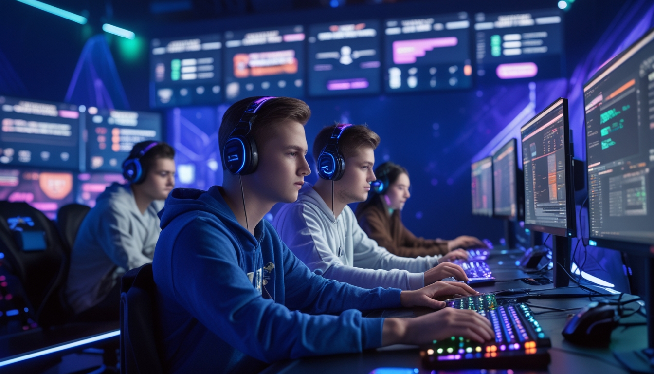 Sekelompok orang muda bermain game esports dengan serius di ruang gaming modern yang dilengkapi komputer dan monitor besar.