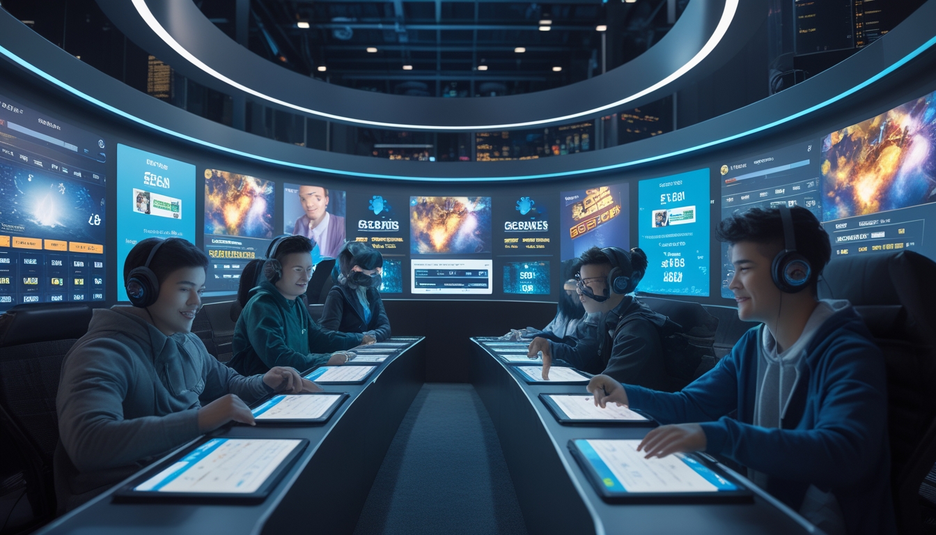 Beberapa orang muda sedang bermain dan bertaruh pada permainan esports dengan monitor besar dan perangkat digital di sebuah ruangan modern.