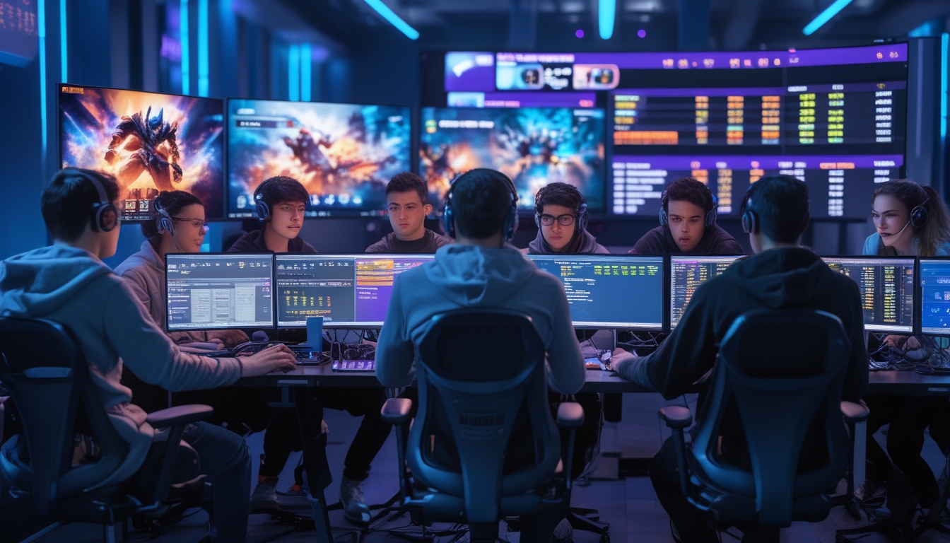 Sekelompok orang muda sedang fokus menggunakan komputer dan perangkat digital untuk bertaruh pada permainan esports dalam ruangan gaming modern.