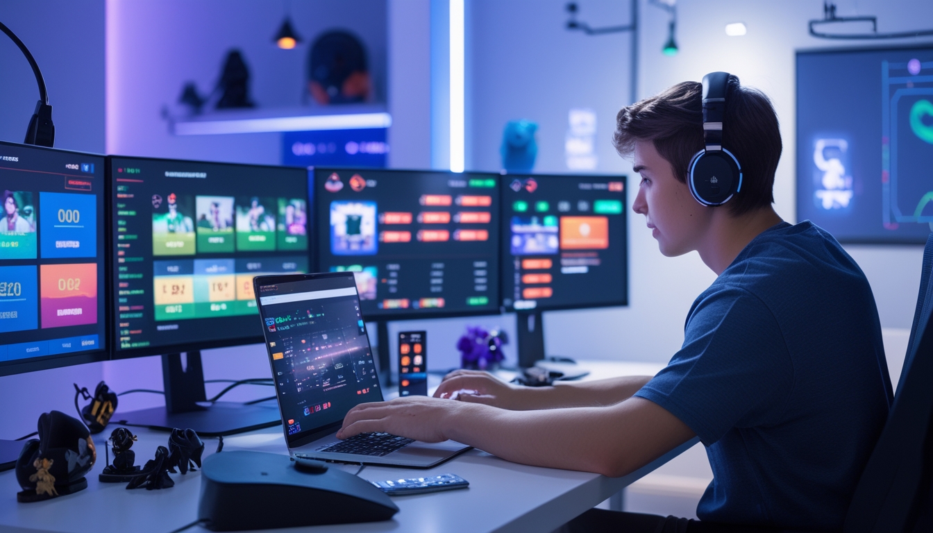 Seorang dewasa muda duduk di meja dengan beberapa monitor menampilkan permainan esports dan peluang taruhan, menggunakan laptop dan ponsel di ruangan modern yang terang.